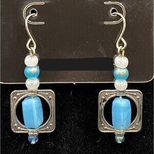 Handmade Square with Aqua & White Glass Bead Earrings by Neanie-Bot